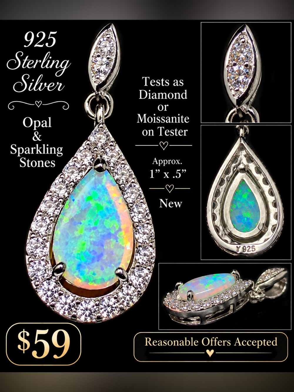 NEW 925 Sterling Silver Opal Teardrop Sparkling Halo Pendant